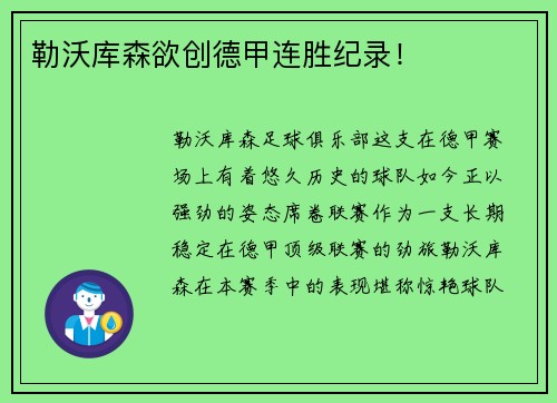 勒沃库森欲创德甲连胜纪录！