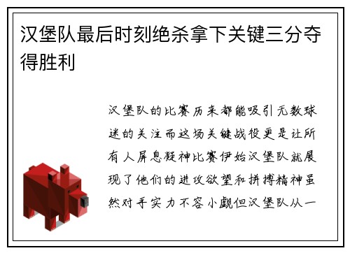 汉堡队最后时刻绝杀拿下关键三分夺得胜利